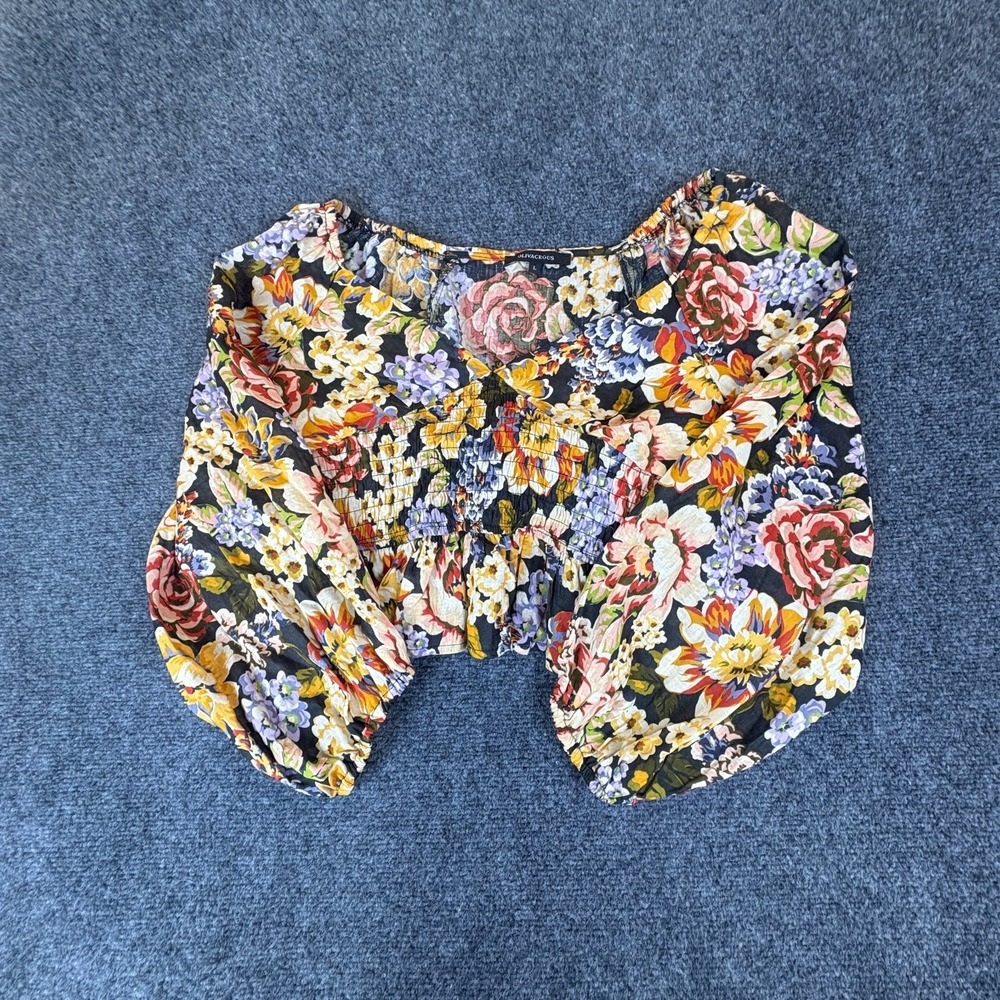 Olivaceous Blouse Top Women Large Multicolor Linen Cotton Balloon Sleeve Cropped